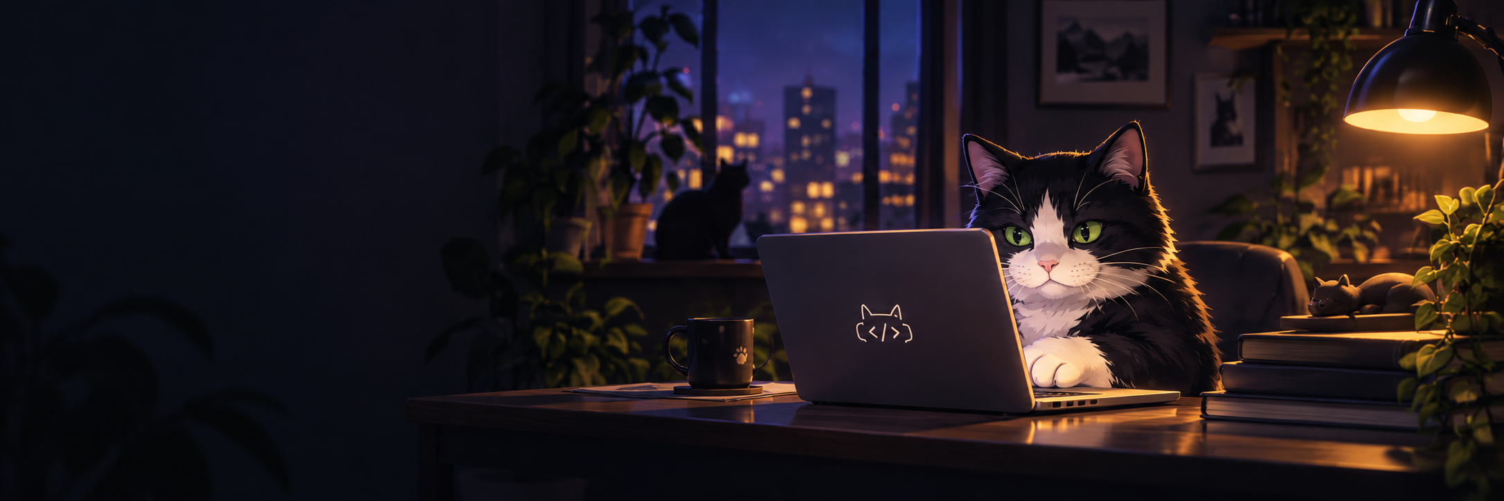 A cozy coding workspace scene